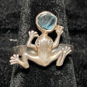 Ring Frog Raw Stone Possibly Aquamarine Blue Sterling Silver Tested Vintage Jewe